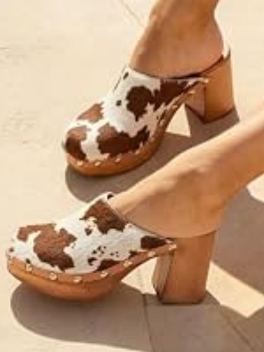 Cow-Print Leather Clog Mule in White & Brown